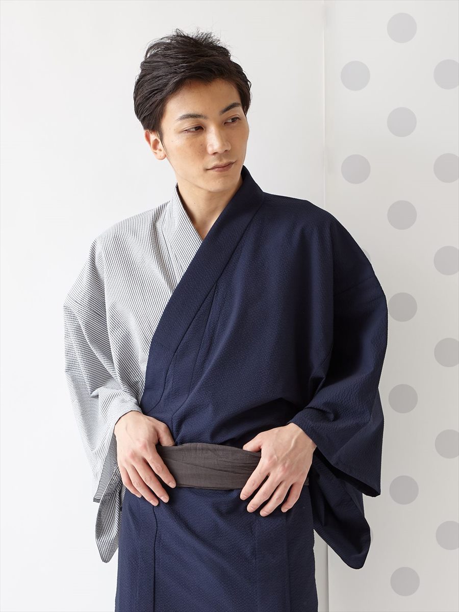【ラスト1点】浴衣「メンズ片身細ストライプ」|インディゴブルー