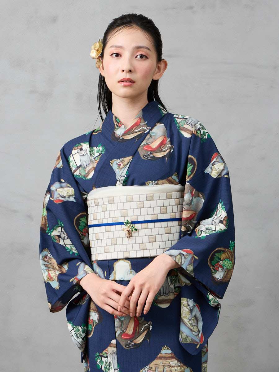 浴衣単品「 猫のサーシャ 」|ネイビー