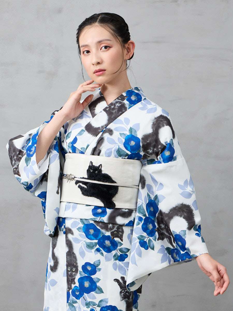 浴衣単品「 水墨猫 」|ブルー