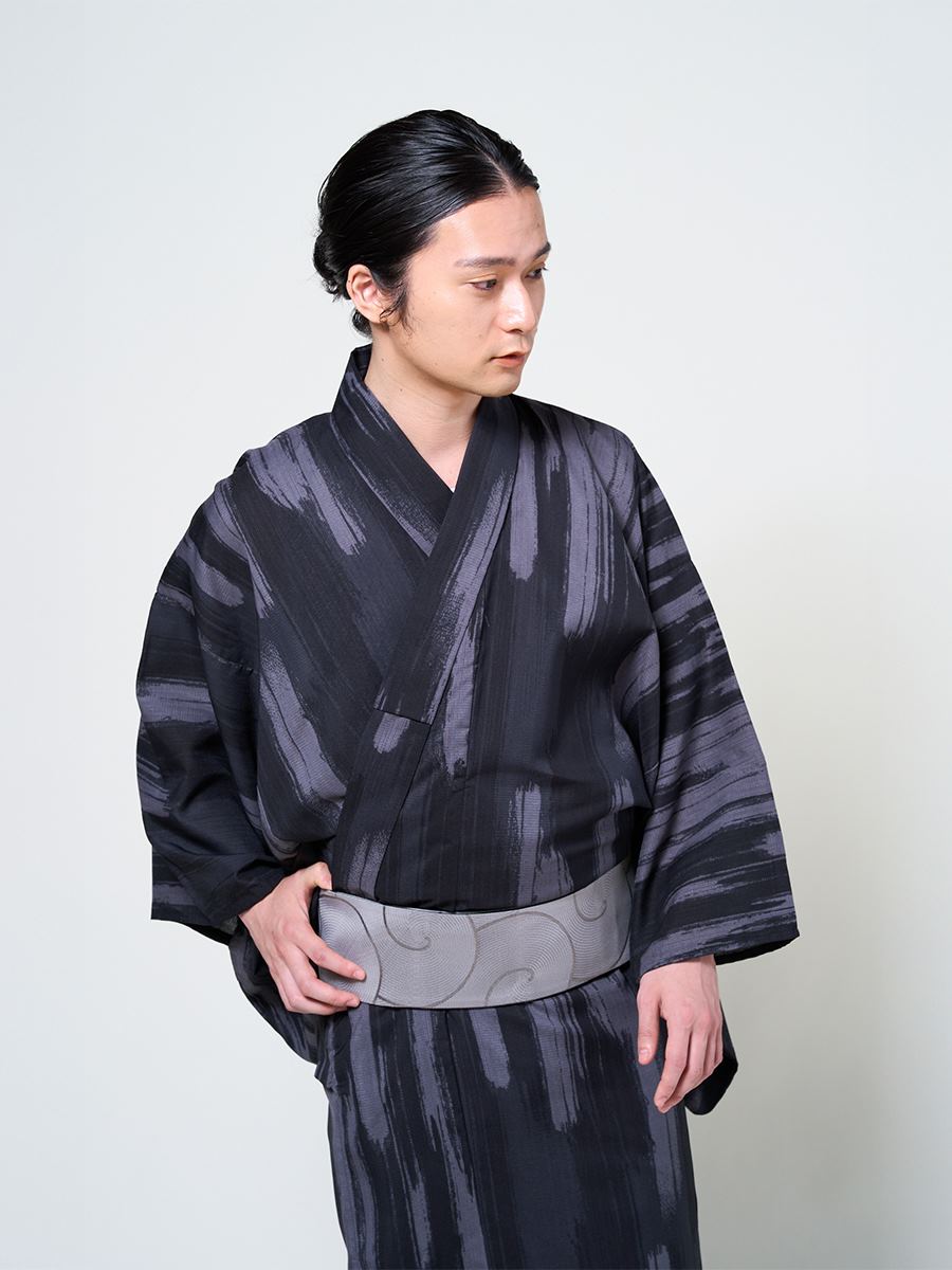 メンズ浴衣単品 「 ハナウタ　墨描き 」|ブラック