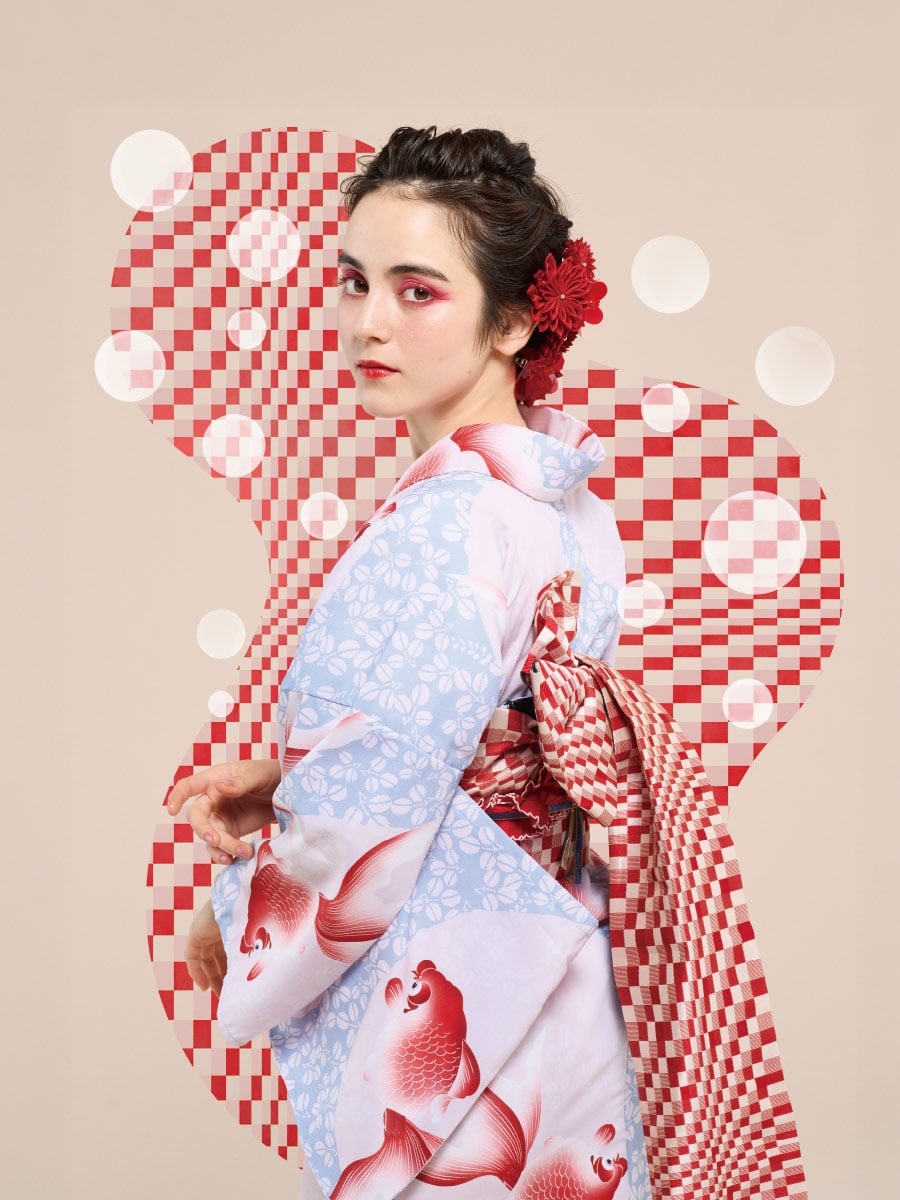 オリジナル浴衣・半巾帯セット「あぶ金魚」|ブルーグレー