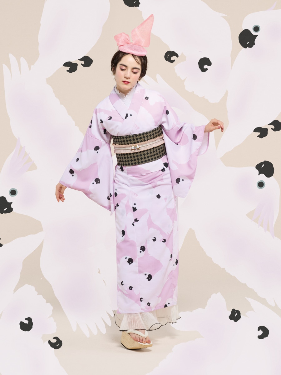 オリジナル浴衣・半巾帯セット「虹鳥マリン」|ピンク