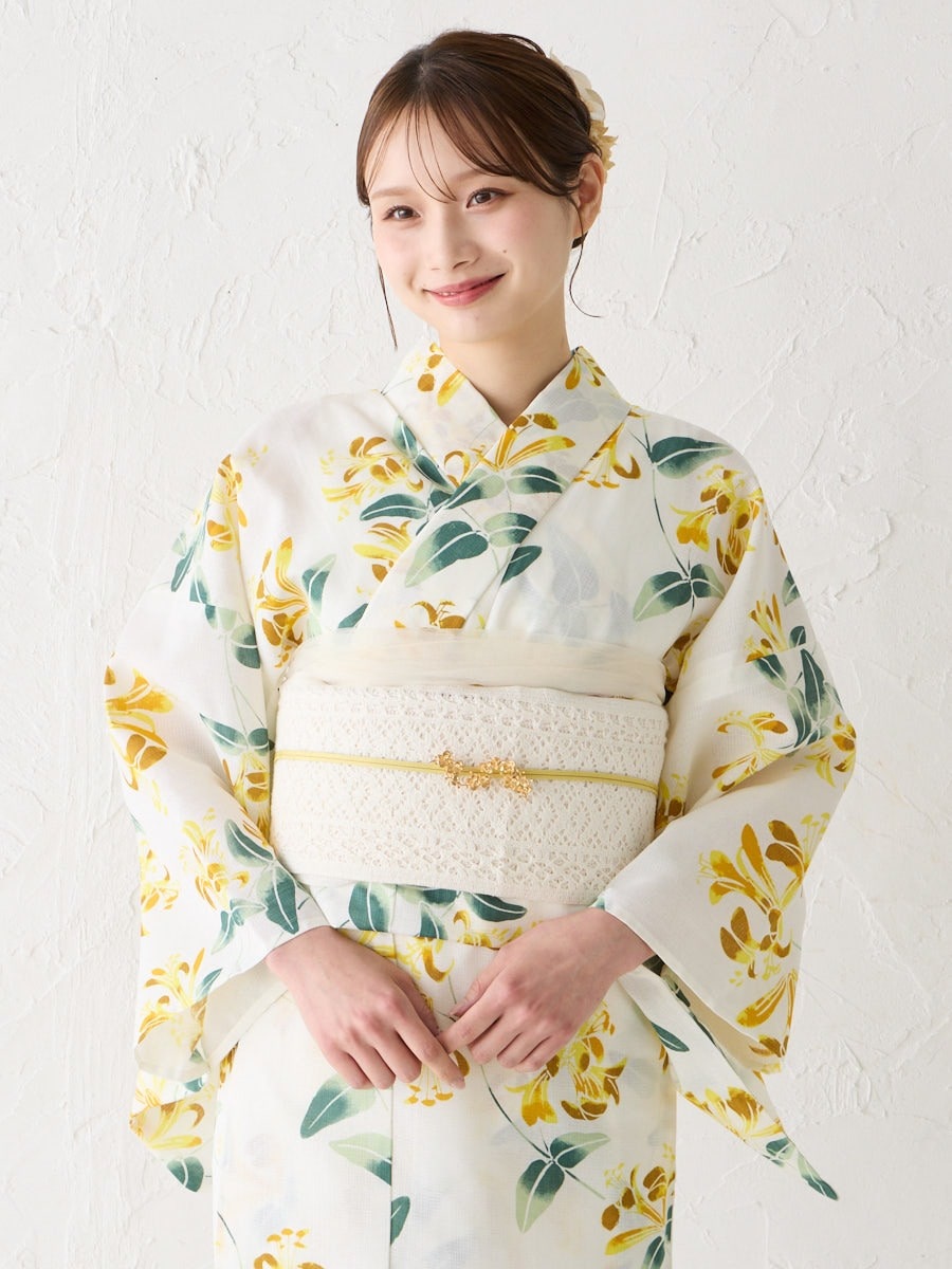 浴衣単品「ハナウタ・てっぽう百合」|オフホワイト