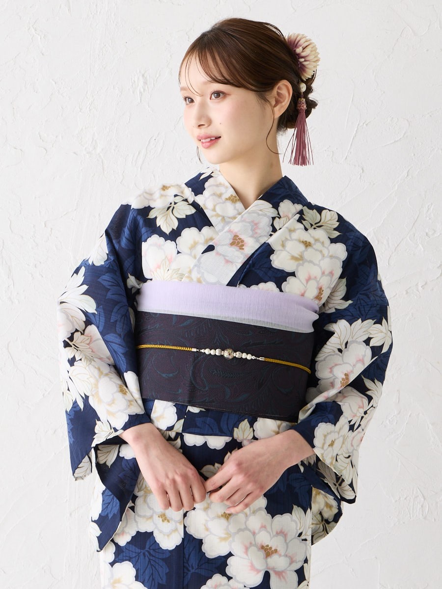 浴衣単品「ハナウタ・芍薬」|ネイビー