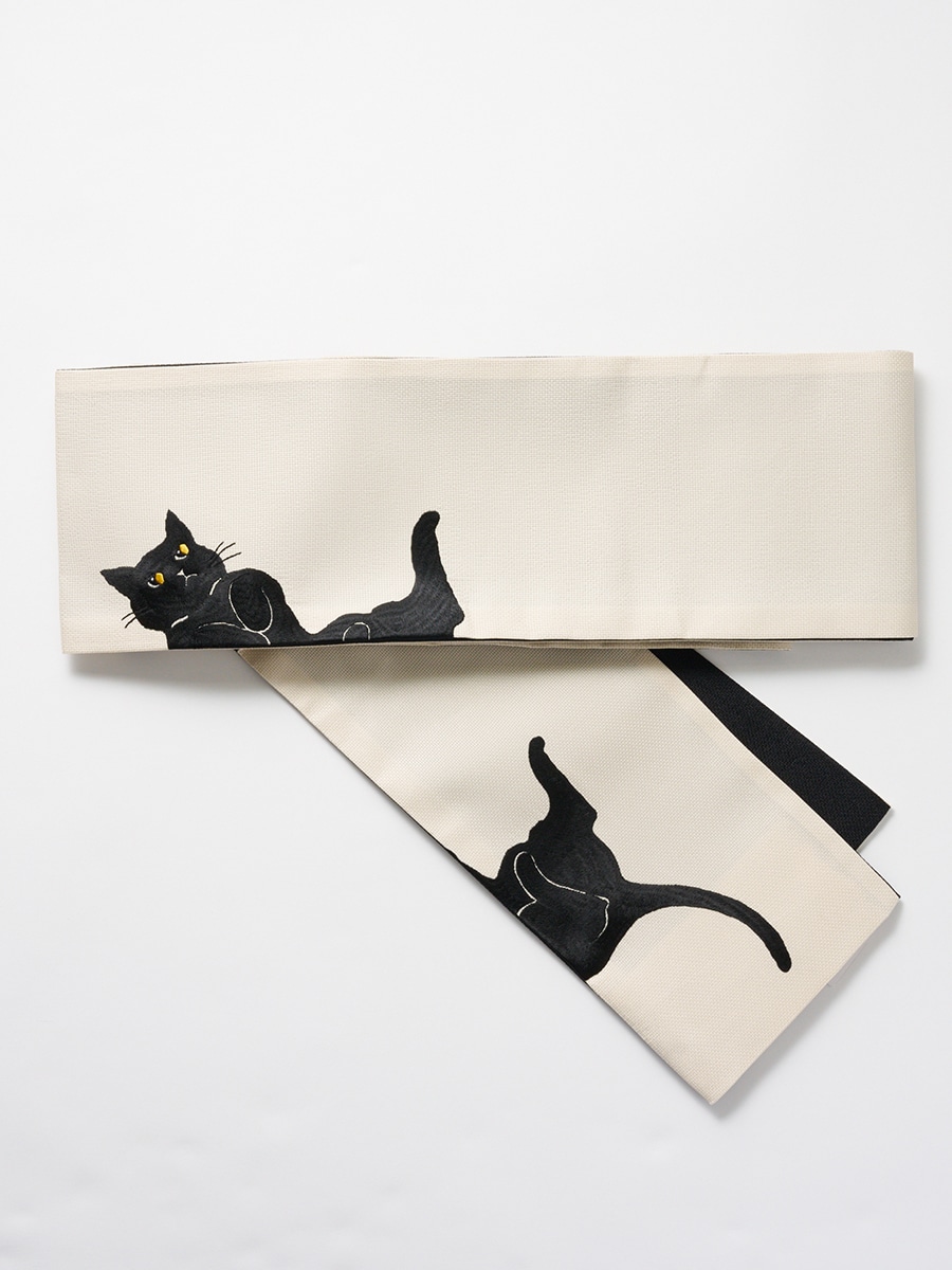 【残りわずか】半巾帯「 ごろん猫刺繍 」|オフホワイト