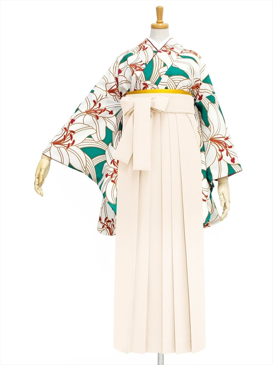 【レンタル商品】レンタル袴「【M0002】百合・緑」|オフホワイト
