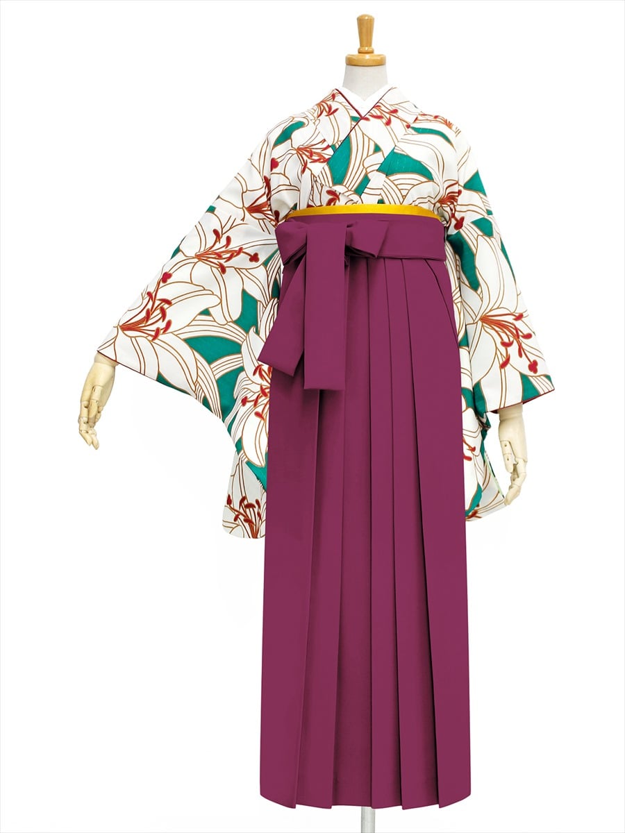 【レンタル商品】レンタル袴「【M0002】百合・緑」|ダークレッド