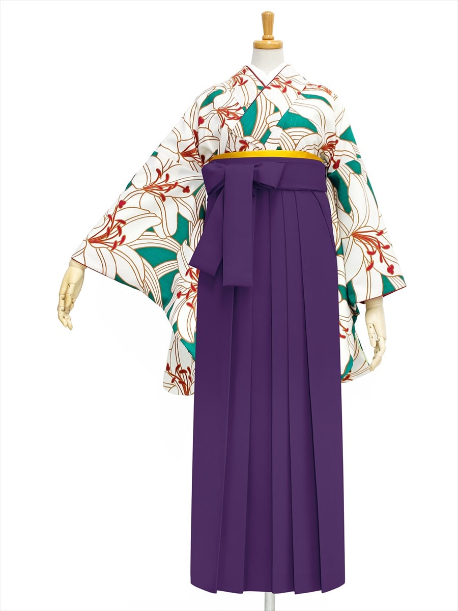 【レンタル商品】レンタル袴「【M0002】百合・緑」|パープル
