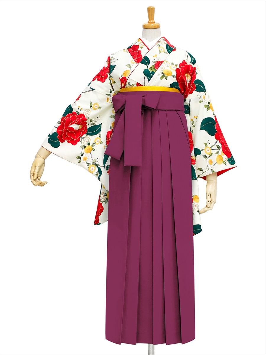 【レンタル商品】レンタル袴「【M0003】乙女椿・オフホワイト」|ダークレッド