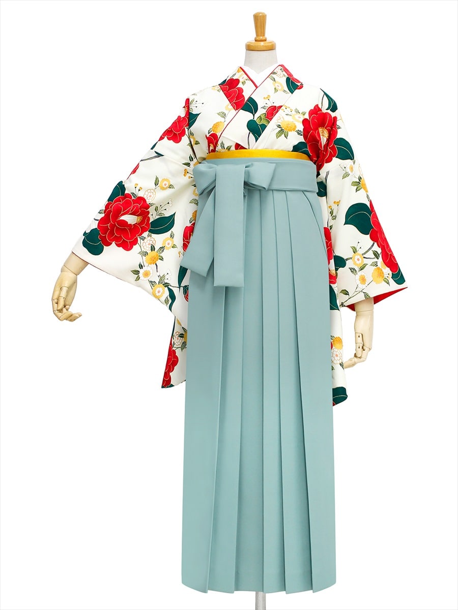 【レンタル商品】レンタル袴「【M0003】乙女椿・オフホワイト」|ライトグリーン