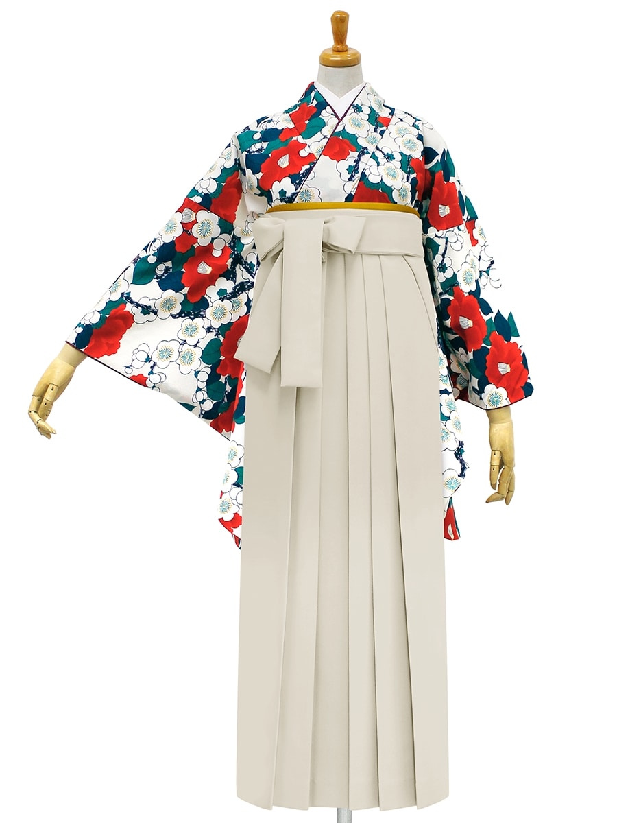 【レンタル商品】レンタル袴「【M0006】梅椿・ベージュ」|アイボリー