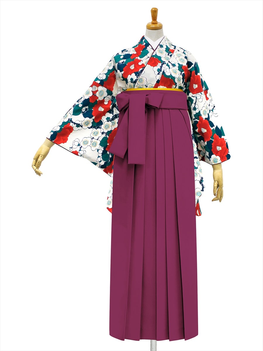 【レンタル商品】レンタル袴「【M0006】梅椿・ベージュ」|ダークレッド