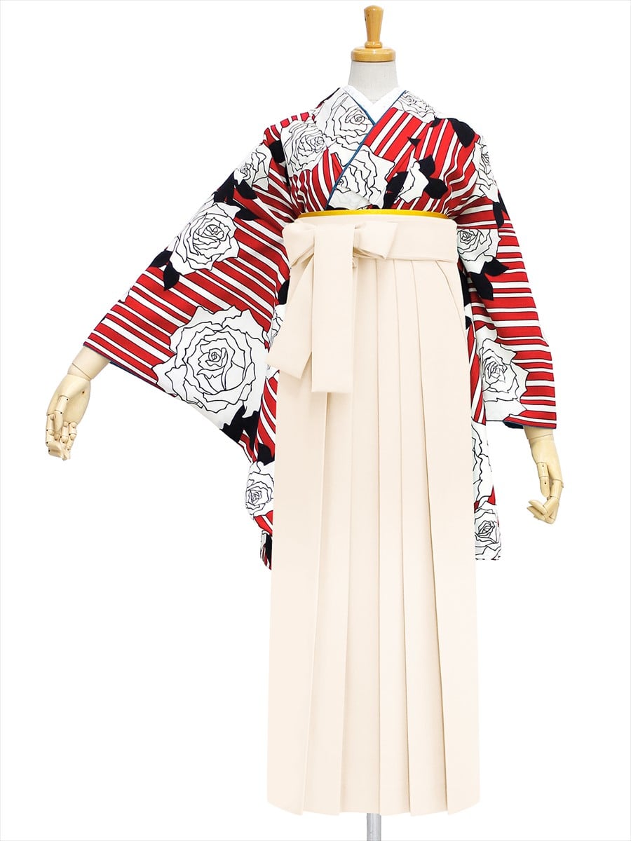 【レンタル商品】レンタル袴「【M0008】縞バラ・オフホワイト」|オフホワイト