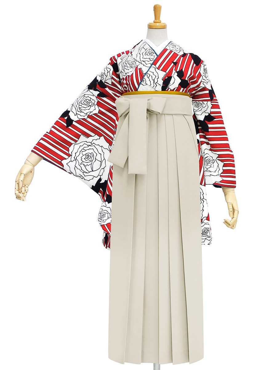 【レンタル商品】レンタル袴「【M0008】縞バラ・オフホワイト」|アイボリー