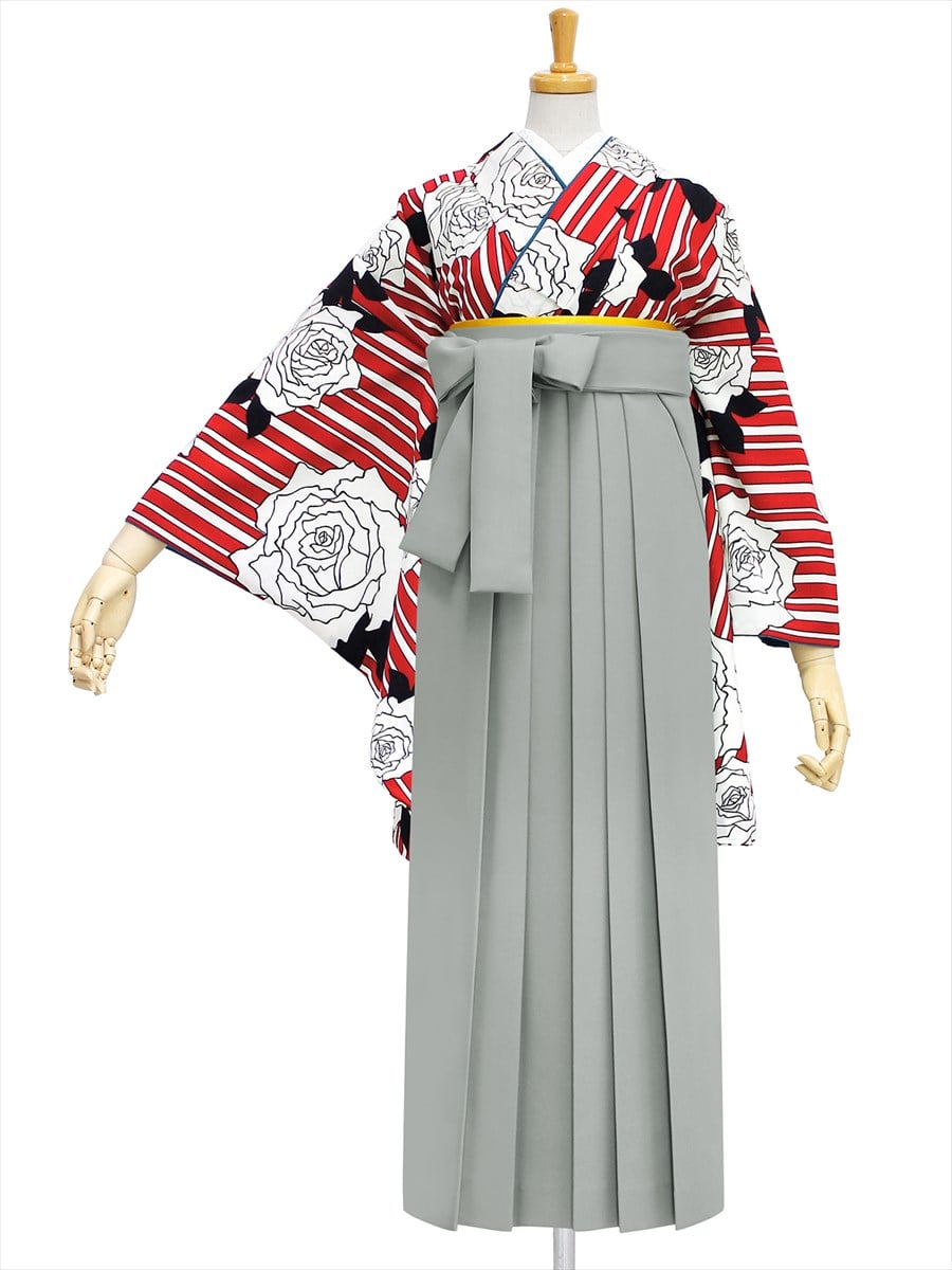 【レンタル商品】レンタル袴「【M0008】縞バラ・オフホワイト」|グレー