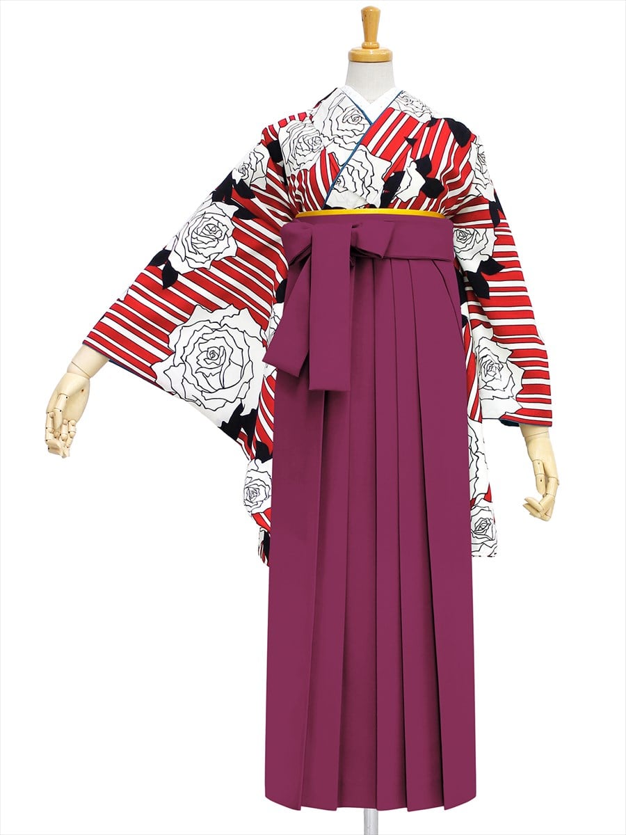 【レンタル商品】レンタル袴「【M0008】縞バラ・オフホワイト」|ダークレッド