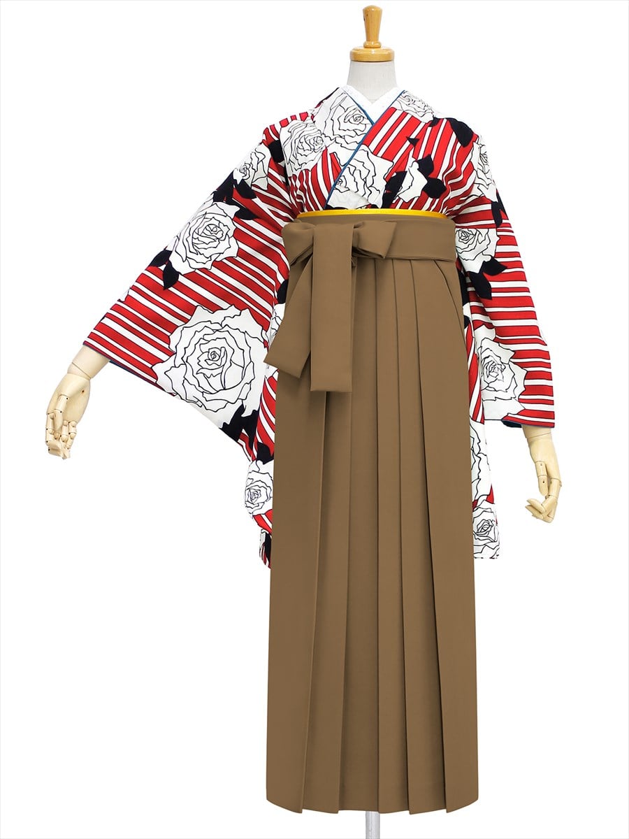 【レンタル商品】レンタル袴「【M0008】縞バラ・オフホワイト」|ブラウン