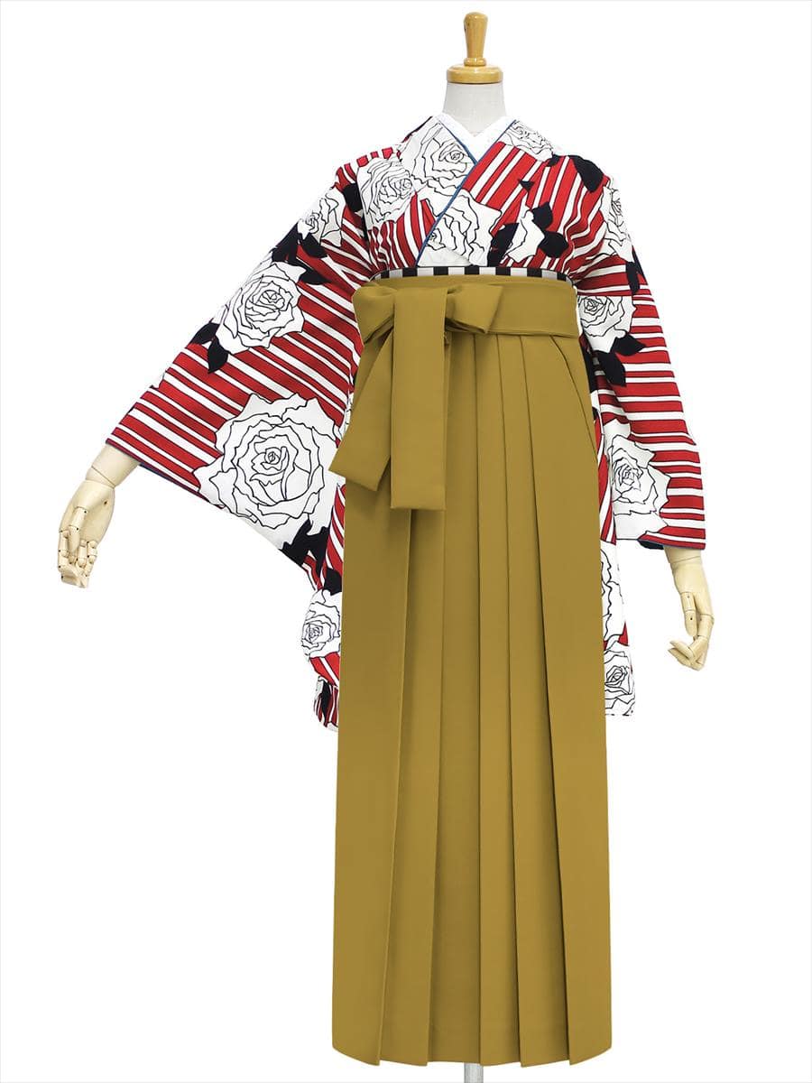 【レンタル商品】レンタル袴「【M0008】縞バラ・オフホワイト」|マスタード