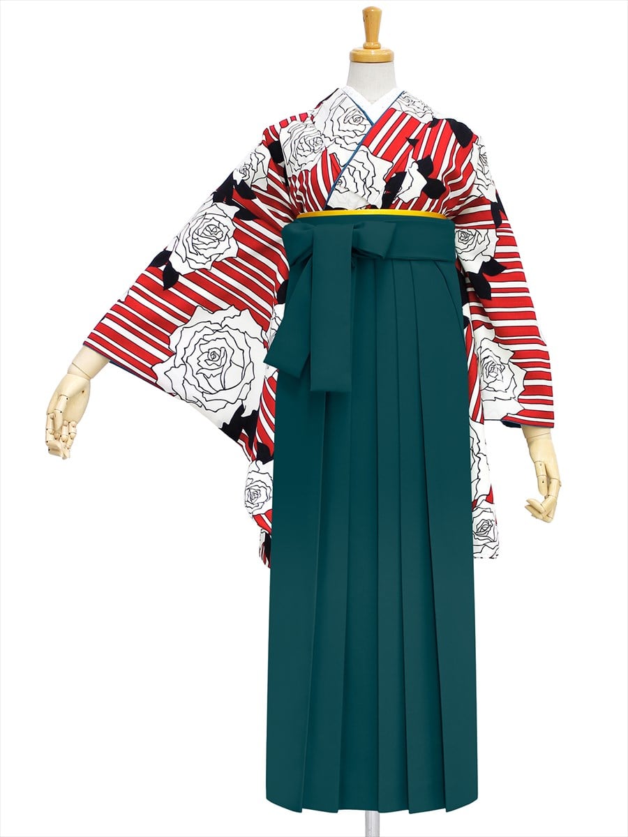 【レンタル商品】レンタル袴「【M0008】縞バラ・オフホワイト」|グリーン