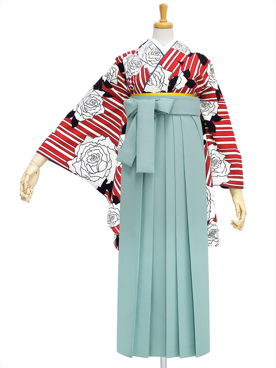 【レンタル商品】レンタル袴「【M0008】縞バラ・オフホワイト」|ライトグリーン