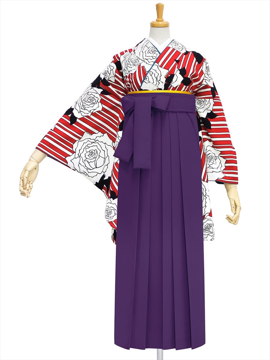 【レンタル商品】レンタル袴「【M0008】縞バラ・オフホワイト」|パープル