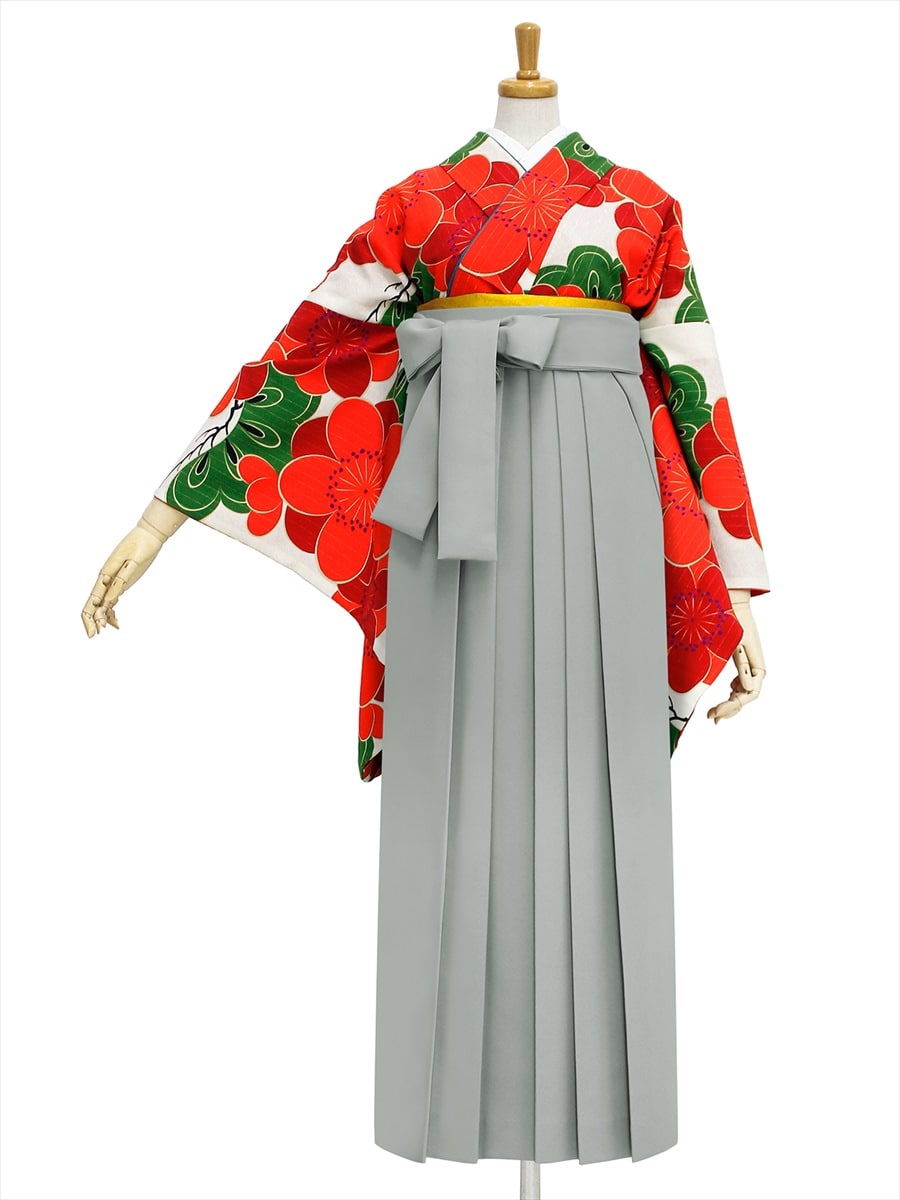 【レンタル商品】レンタル袴「【M0011】梅松・オフホワイト」|グレー