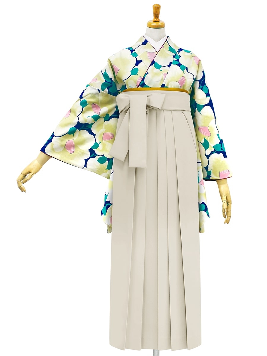 【レンタル商品】レンタル袴「【M0012】椿づくし・紺」|アイボリー