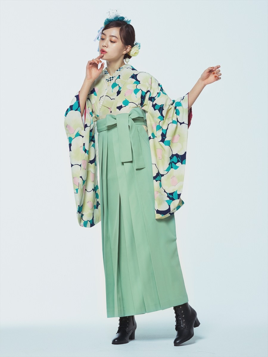 【レンタル商品】レンタル袴「【M0012】椿づくし・紺」|ライトグリーン