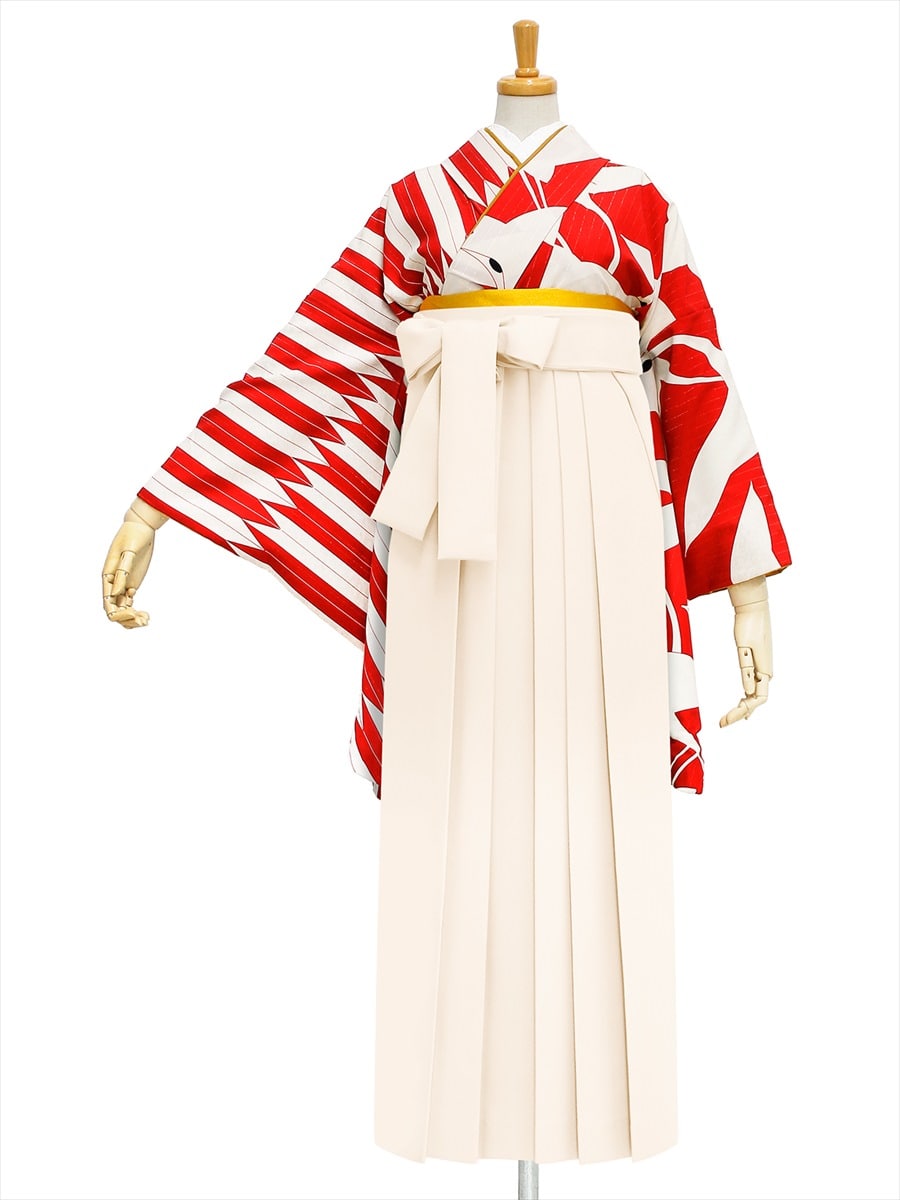 【レンタル商品】レンタル袴「【M0013】鶴× 矢羽根・赤」|オフホワイト