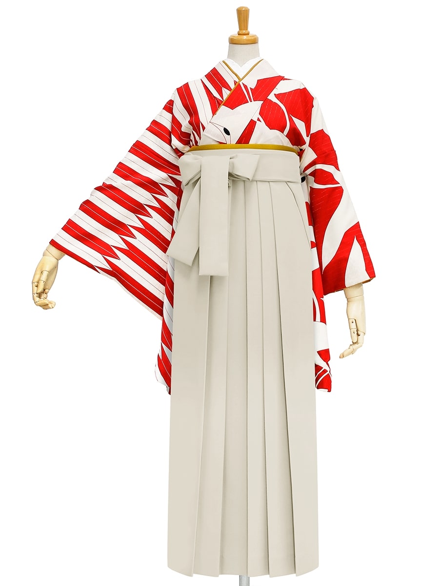 【レンタル商品】レンタル袴「【M0013】鶴× 矢羽根・赤」|アイボリー