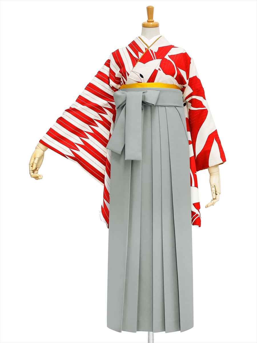 【レンタル商品】レンタル袴「【M0013】鶴× 矢羽根・赤」|グレー