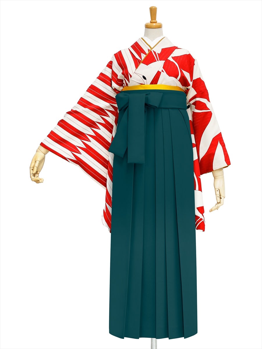 【レンタル商品】レンタル袴「【M0013】鶴× 矢羽根・赤」|グリーン