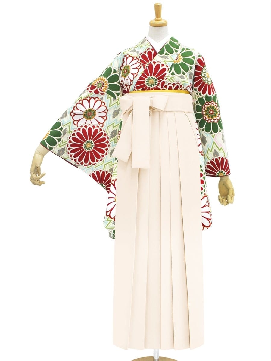 【レンタル商品】レンタル袴「【M0017】菱菊・緑」|オフホワイト