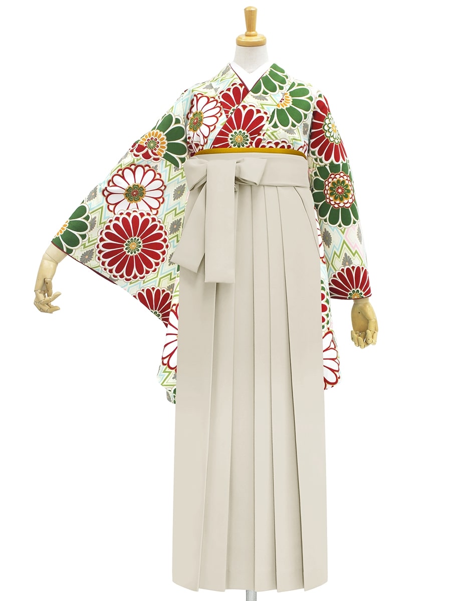 【レンタル商品】レンタル袴「【M0017】菱菊・緑」|アイボリー