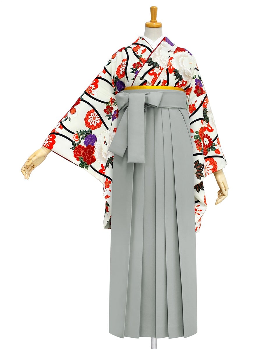 【レンタル商品】レンタル袴「【M0018】立涌く鶴・オフホワイト」|グレー