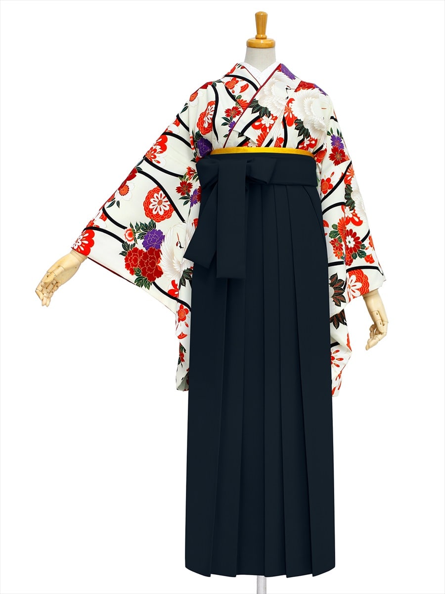 【レンタル商品】レンタル袴「【M0018】立涌く鶴・オフホワイト」|ブラック