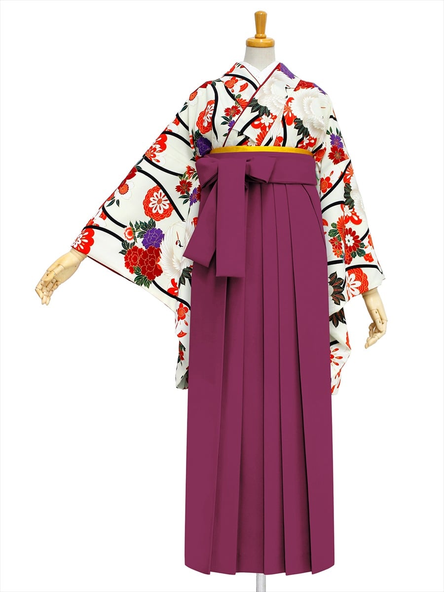 【レンタル商品】レンタル袴「【M0018】立涌く鶴・オフホワイト」|ダークレッド