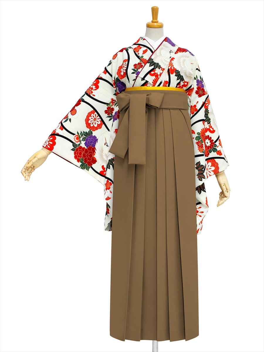 【レンタル商品】レンタル袴「【M0018】立涌く鶴・オフホワイト」|ブラウン