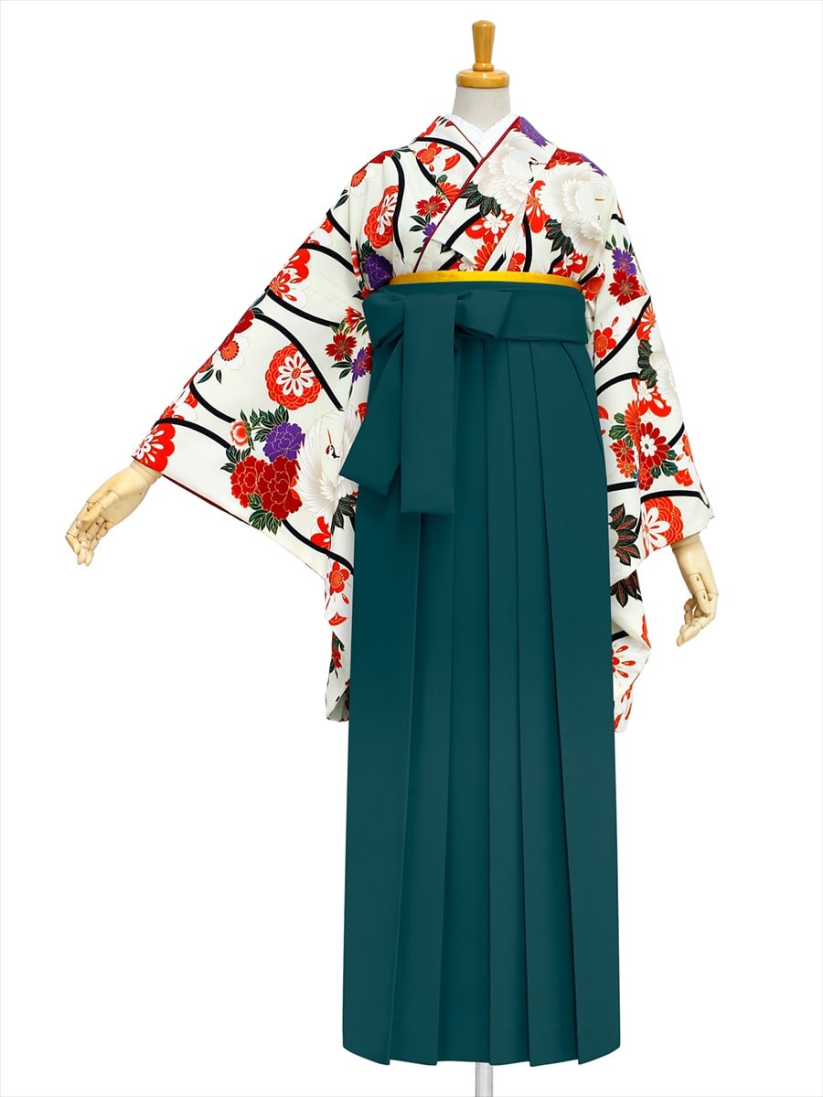 【レンタル商品】レンタル袴「【M0018】立涌く鶴・オフホワイト」|グリーン