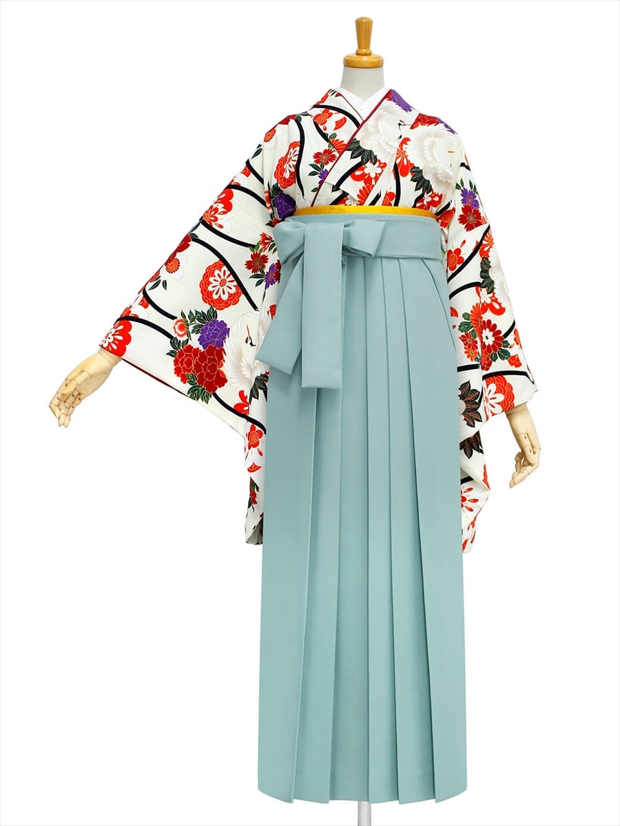 【レンタル商品】レンタル袴「【M0018】立涌く鶴・オフホワイト」|ライトグリーン