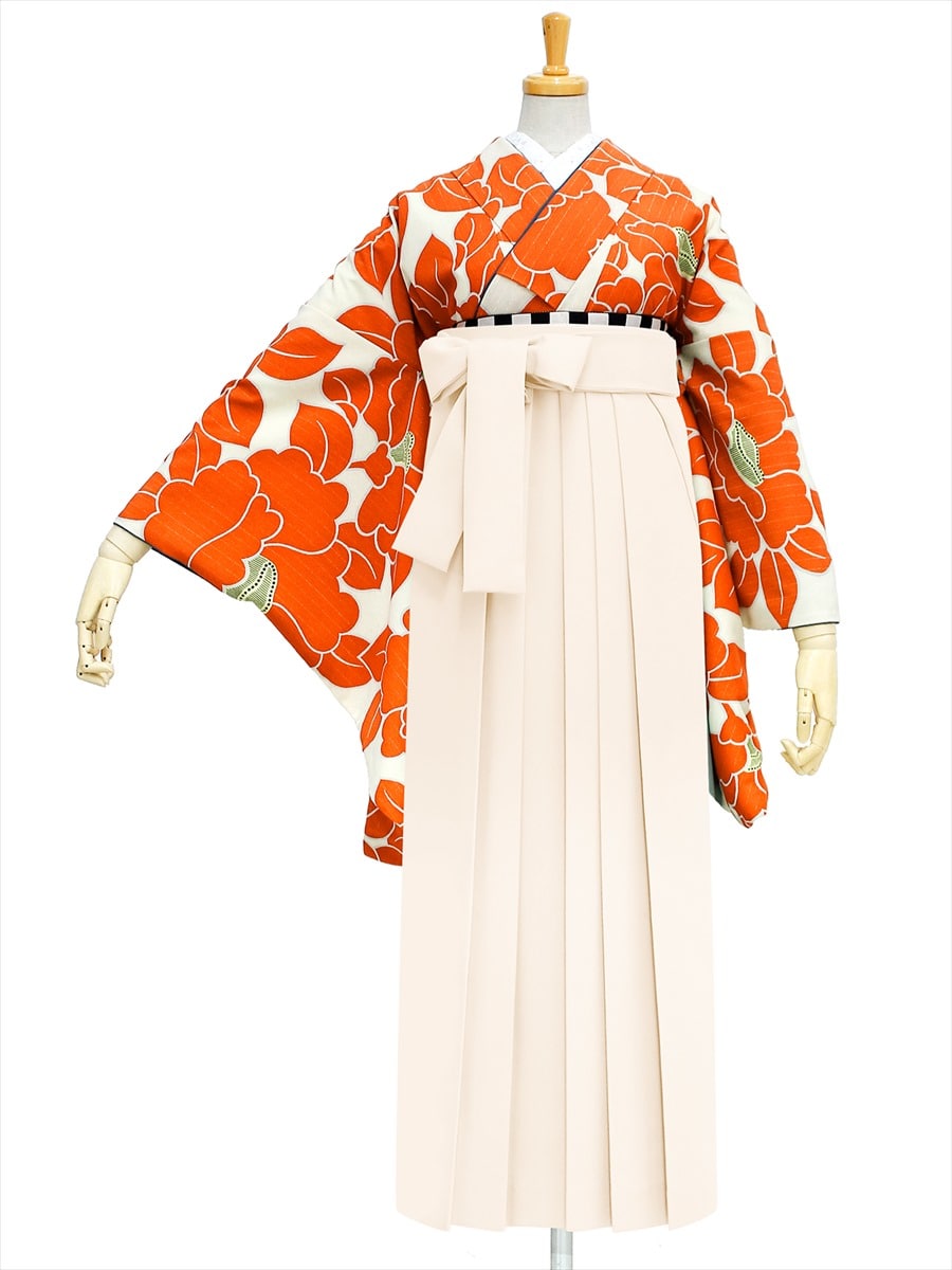 【レンタル商品】レンタル袴「【M0020】椿・オレンジ」|オフホワイト