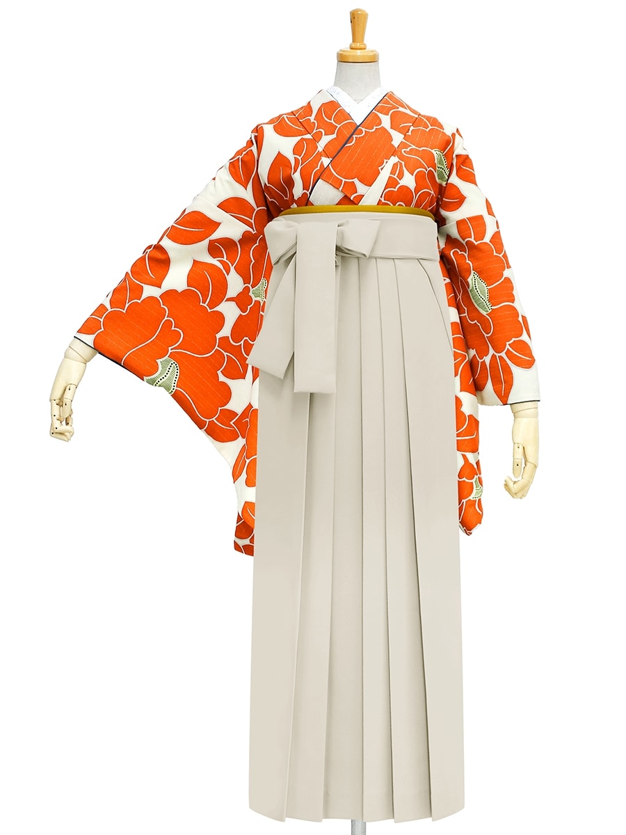 【レンタル商品】レンタル袴「【M0020】椿・オレンジ」|アイボリー