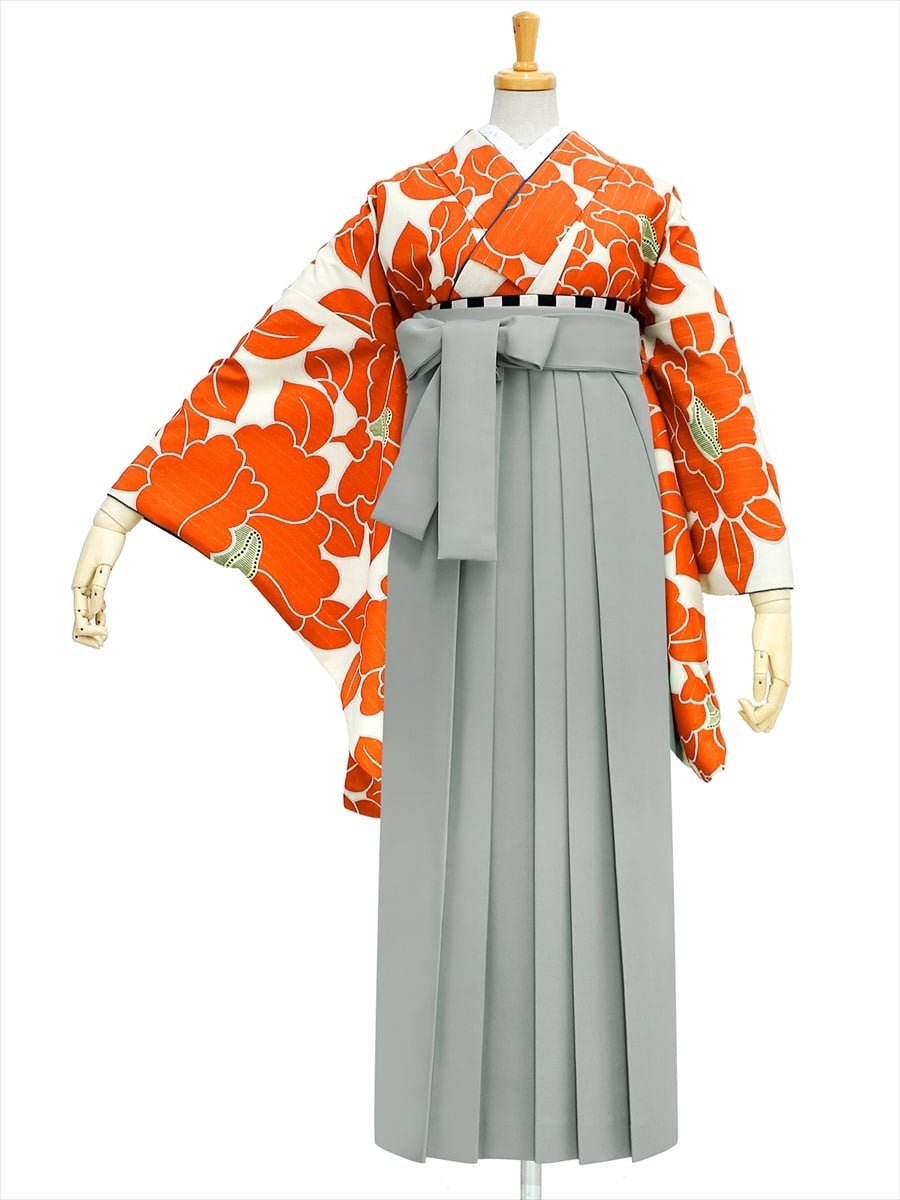 【レンタル商品】レンタル袴「【M0020】椿・オレンジ」|グレー