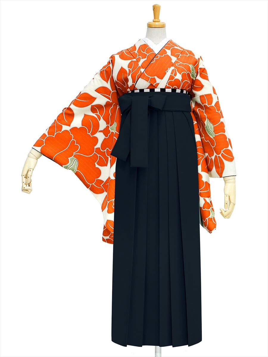 【レンタル商品】レンタル袴「【M0020】椿・オレンジ」|ブラック