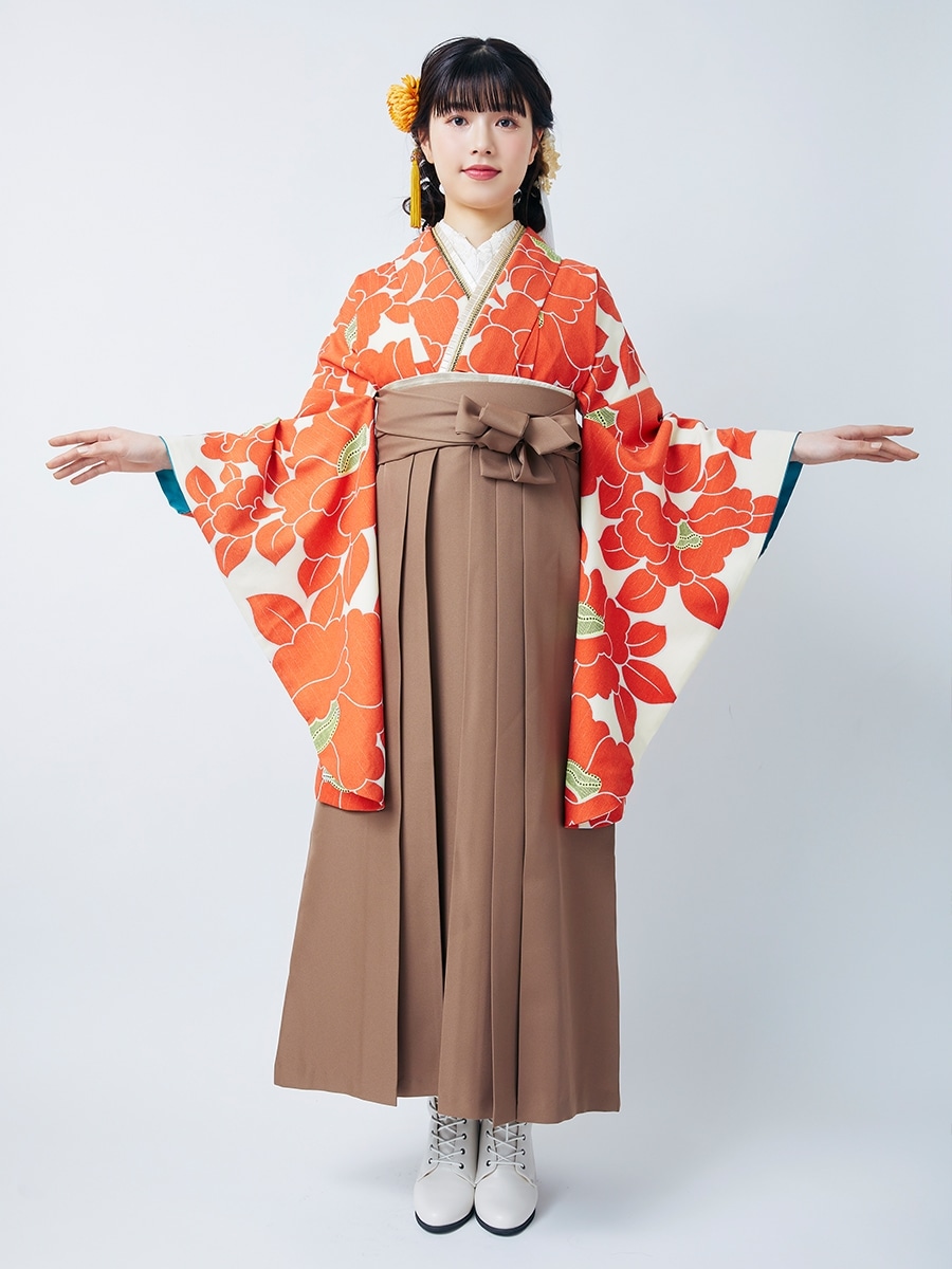 【レンタル商品】レンタル袴「【M0020】椿・オレンジ」|ブラウン