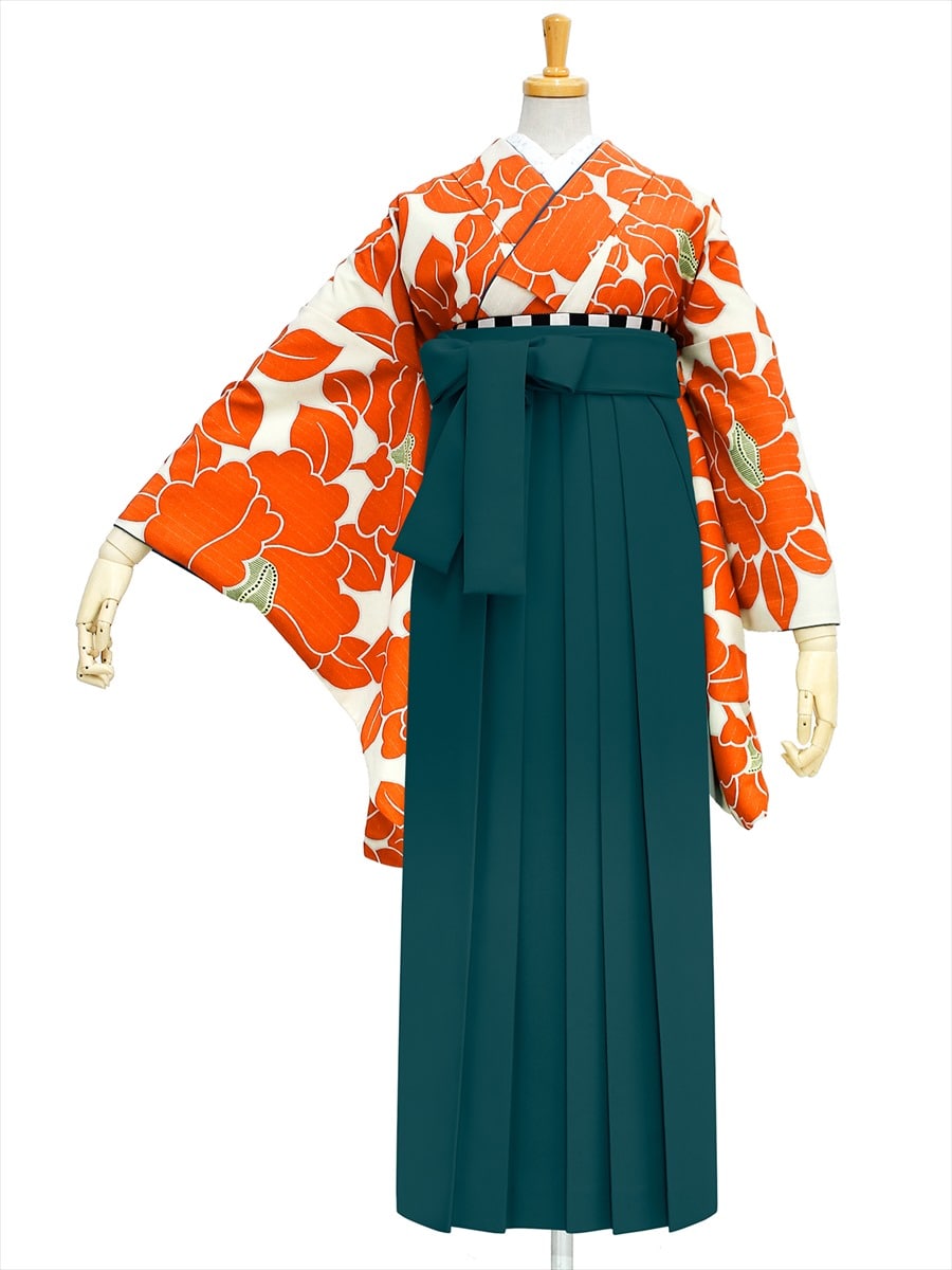 【レンタル商品】レンタル袴「【M0020】椿・オレンジ」|グリーン