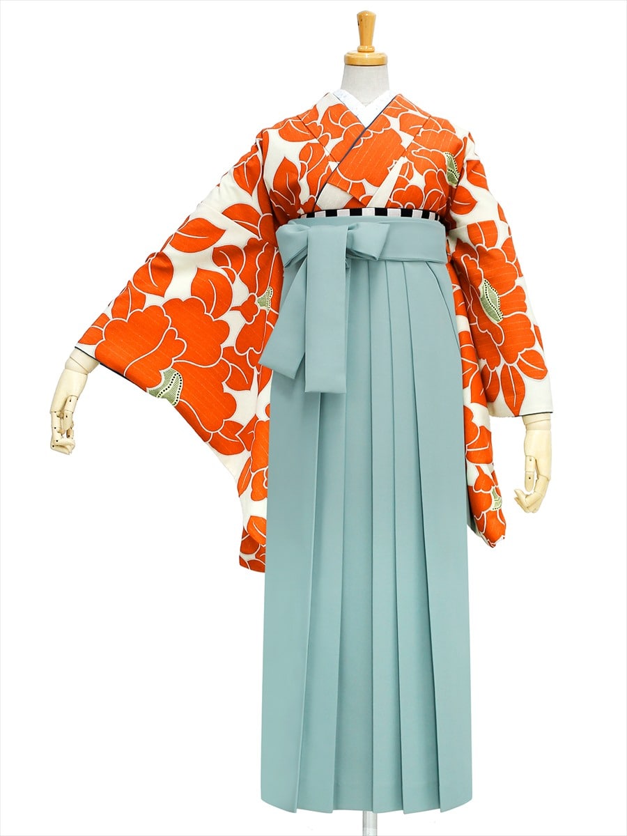 【レンタル商品】レンタル袴「【M0020】椿・オレンジ」|ライトグリーン