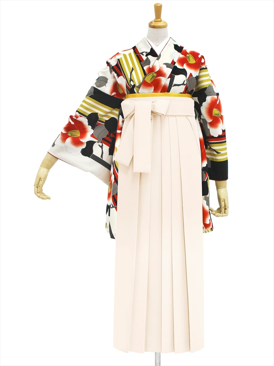 【レンタル商品】レンタル袴「【M2005】ハイカラ椿・黒」|オフホワイト