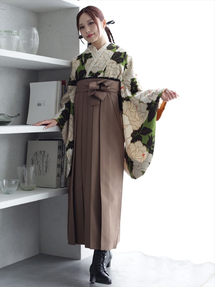 【レンタル商品】レンタル袴「【M0023】バラ・抹茶」|ブラウン