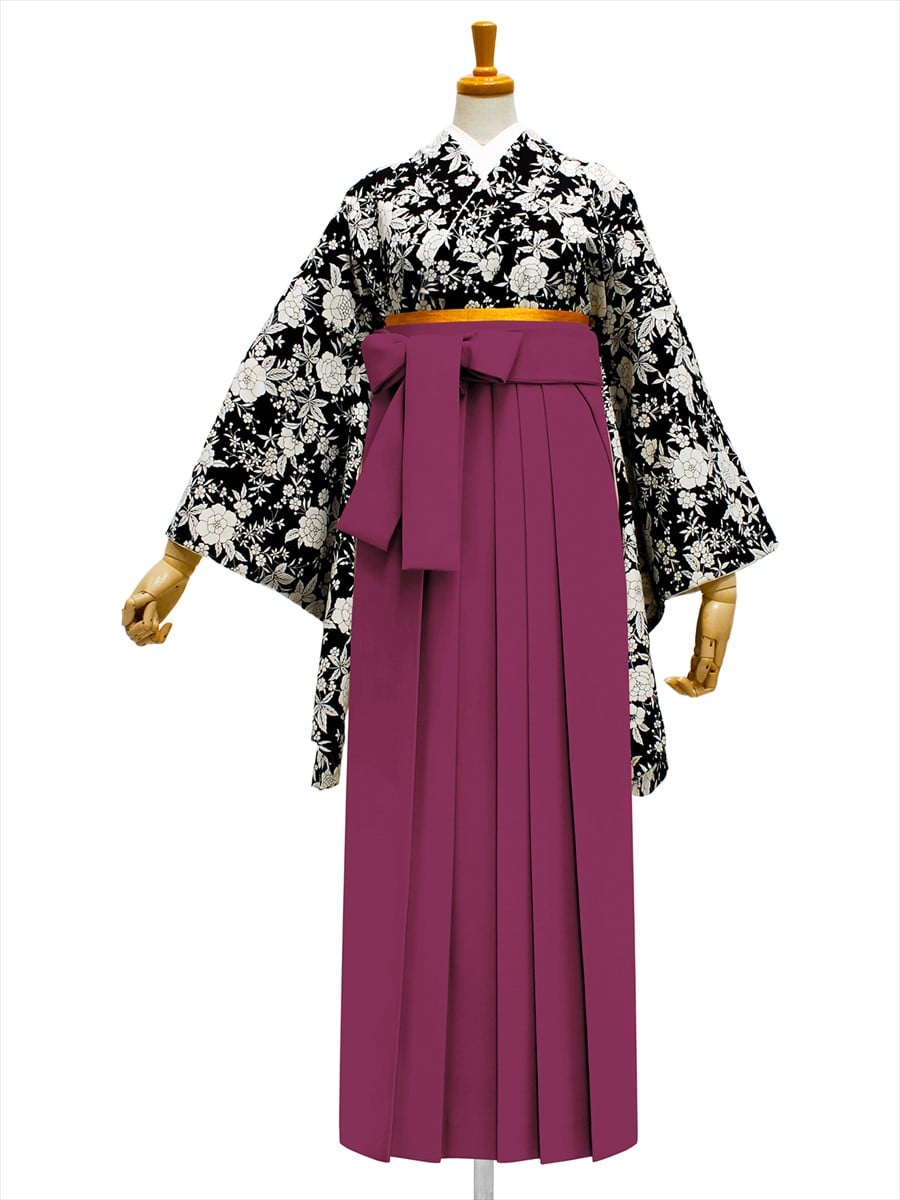 【レンタル商品】レンタル袴「【M0059】プチフルール・黒」|ダークレッド